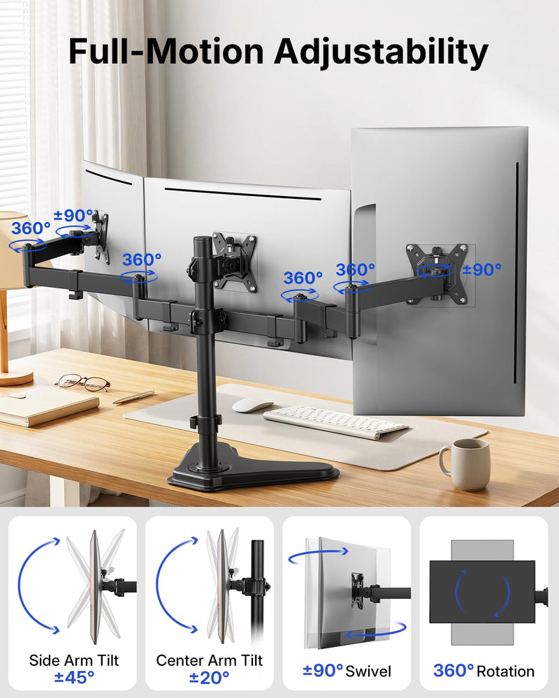 HUANUO Triple Monitor Stand for 13-27 Inch Screens, 3 Monitor Mount | Free Standing & Grommet Base, 40% Thicker Pole, Larger Base, Tilt, Swivel, Rotation, Holds up to 22 lbs, VESA 75x75/100x100mm