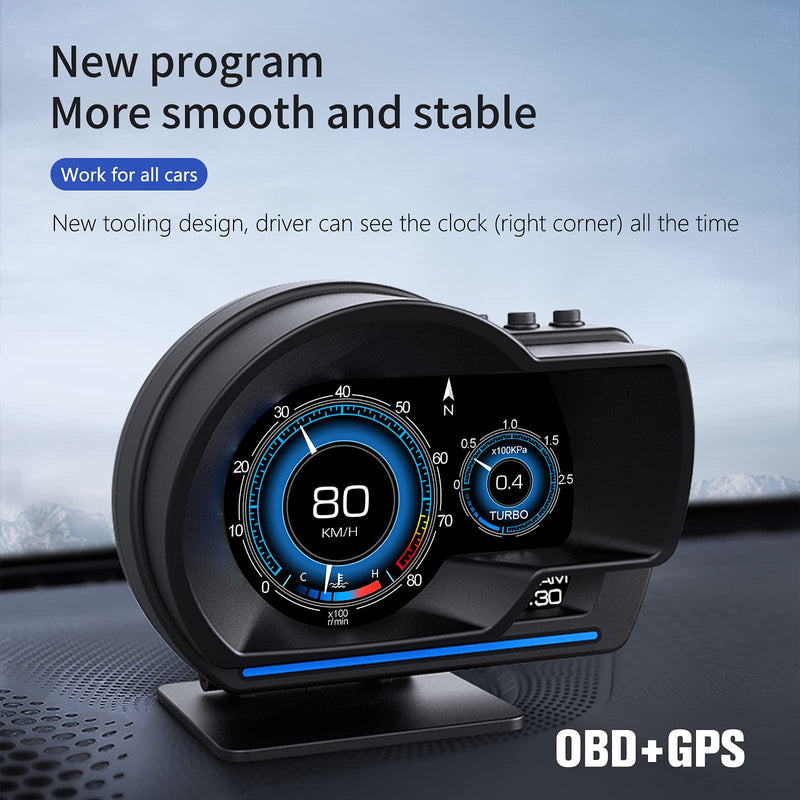 GPS Speedometer for Car, Head Up Display for Car with OBD2 & GPS Digital Speedometer Dual System HUD Car Speedometer MPH with Mileage, Water Tem, Vlt, Mileage, Overspeed & Fatigue Driving Alarm, RPM