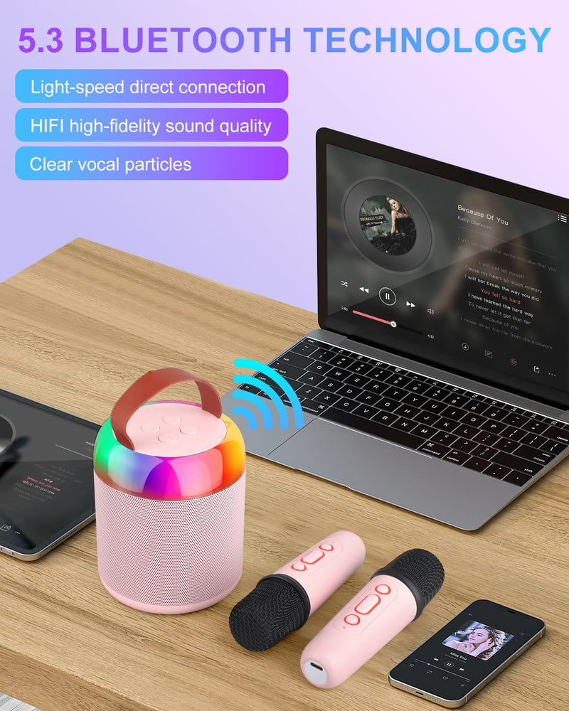 Mini Party Karaoke Machine Toy for Kids Audlts, Portable Led Karaoke Toy Speaker with 2 Wireless Microphones for Girls Boys Birthday, Holiday Stocking Stuffer Party Favors Supplies PINK