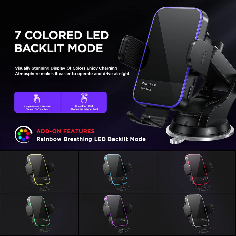 Wireless Car Charger,【7 Colored RGB Backlit】Mosurr 15W Auto Clamping Car Charger Phone Mount Holder fit for iPhone 15 14 13 12 Mini Pro Max 11 XR XS, Samsung Galaxy S24 Ultra S23 S22 S21+ Note 20, etc Black