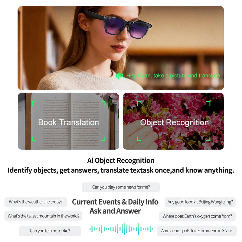 AI Smart Glasses with 4k Camera for Travel & Daily Use, Bluetooth Audio Sunglasses with Open-Ear Speakers, Hands-Free Calling&Vlogging, Real Time Translation (Matt Black)