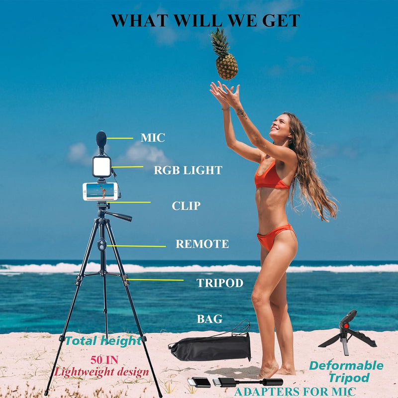 [AUSTRALIA] - Smartphone Video Kit, Vlogging Kit, Youtuber Kit, with Microphone Light Tripod 50" Extendable Phone Clip Remote Control Compatible with iPhone/Smartphone/Cameras 