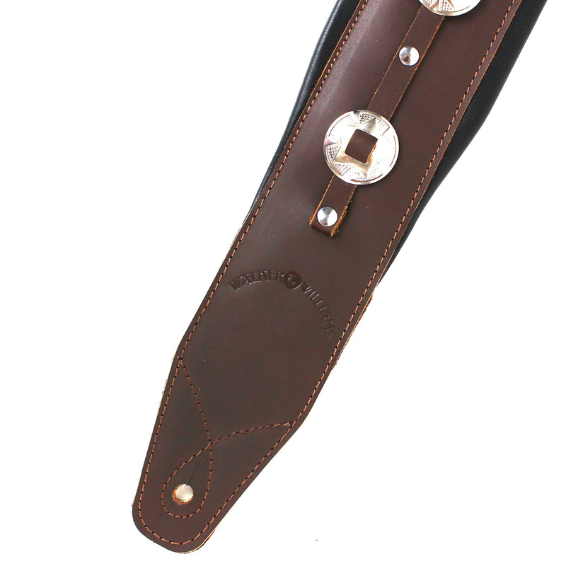 Walker And Williams C-44-BRN Handmade Brown Double Padded Premium All Grain Leather Guitar Strap with Conchos For Acoustic, Electric, And Bass Guitars
