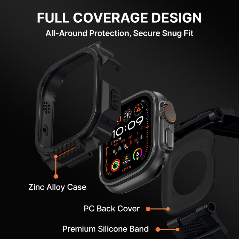 Bandletic Rugged Case Band Compatible with Apple Watch Ultra 3/2/1 49mm | Military Grade Shockproof Bumper Cover for iWatch Tactical Band Men, Screen Protector Included Black/Black