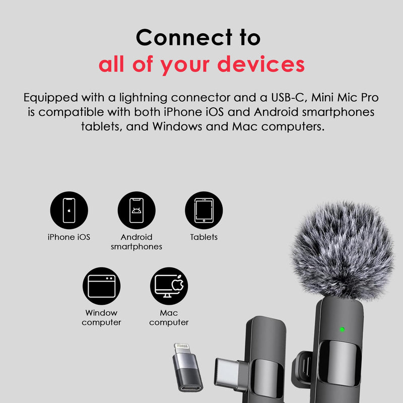 [AUSTRALIA] - Wireless Microphone for iPhone, iPad, Android, Lavalier Microphone for Video Recording - 2 Pack iPhone Mic Crystal Clear Recording with USB-C for Podcast Microphone, ASMR, TikTok Black 