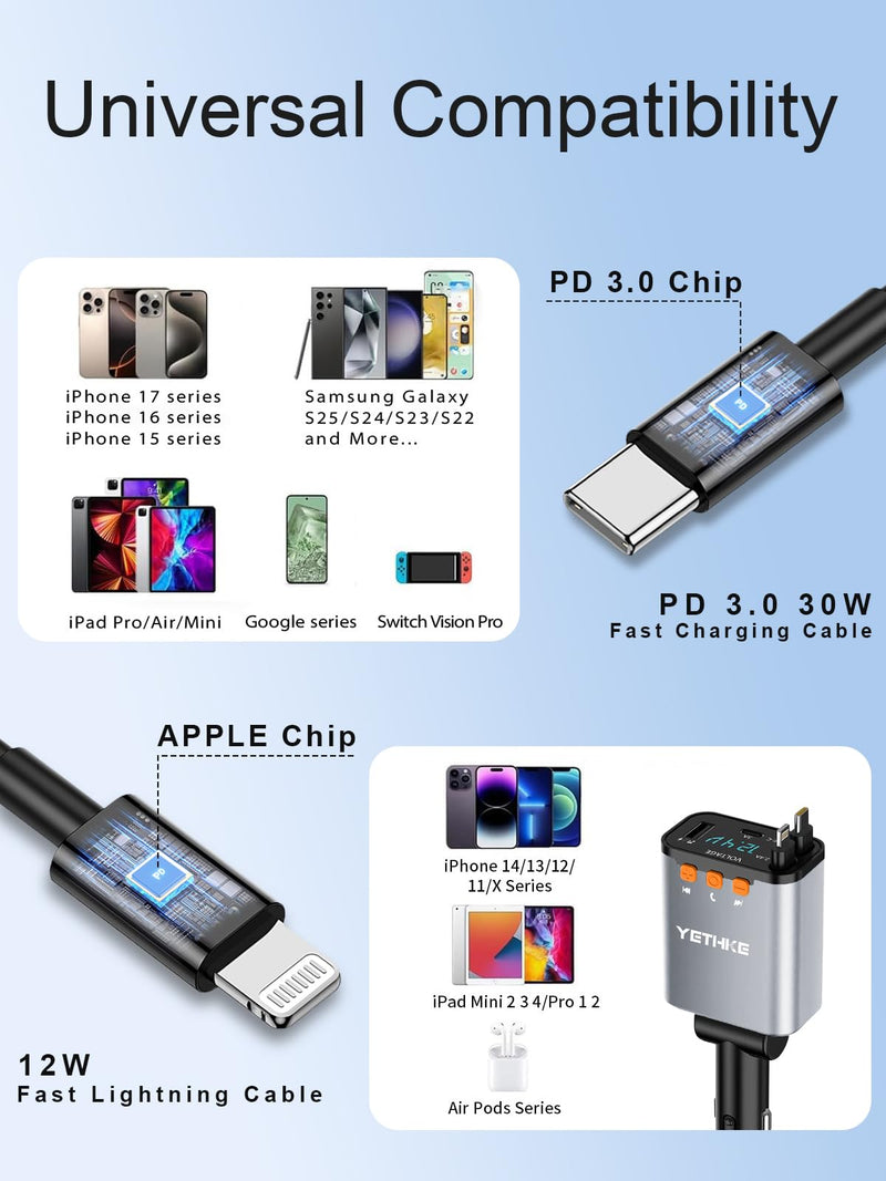 [AUSTRALIA] - Bluetooth Car Adapter with Retractable Charger,[Upgrade] Bluetooth 5.4 FM Transmitter for Cars, 4 in 1 Fast Car Charger 69W, Handsfree Call, 2*Retractable Cable for iPhone 17/16/15/14, Galaxy-Silver Silver 