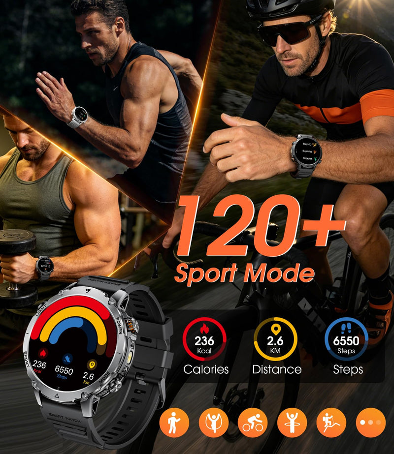 SUNKTA Military Smartwatch for Men 1400mAh Ultra Battery Fitness Smart Watch Answer/Make Calls, Heart Rate,Sleep Tracker, 100+Sports Mode, IP68 Waterproof Smartwatch for Android iPhone(2 Bands) Black