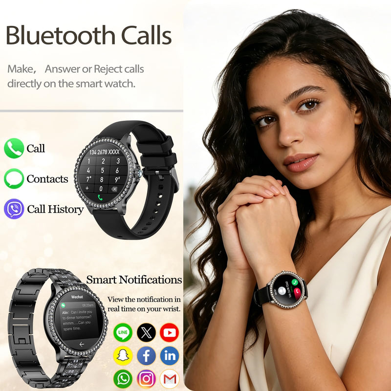 Smart Watch for Women with Diamonds, Bluetooth Calls, 1.32'' Full HD Screen Fitness Tracker with Multiple Sports Modes/Heart Rate/Sleep Monitor, IP68 Waterproof for Android iOS, Elegant Black
