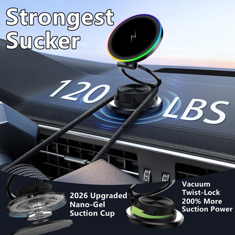 Ultra-Thin Magnetic Wireless Car Charger for Magsafe Car Mount | 15W Fast Charging, 120LBS Strong Suction Cup,3000gf Magnet, LED Light, 360° Vacuum Magnetic Phone Holder for iPhone & Android