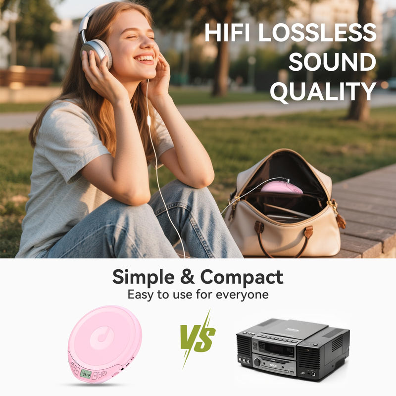 [AUSTRALIA] - Portable CD Player for Car: Kegaudio with Earphones Anti-Skip LCD Display Personal Disman Disc Player for Car & Sports Supports MP3 WMA PROG & Memory Function Pink 