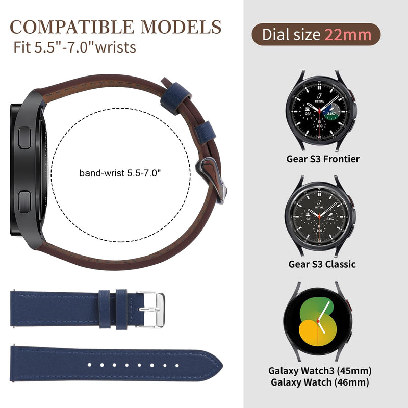 22mm Premium Italy Leather Watch Bands Compatible with Samsung Watch 3 45mm, Galaxy 46mm, Gear S3 Frontier, Quick Release Wear-resistant Leather Watch Straps Replacement Band for Women Men(Pack of 2)