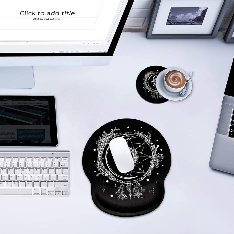 Ergonomic Mouse Pad Wrist Support and Cute Coffee Coaster, Celestial Theme Sun with Crescent Moon Design Wrist Rest Mousepad, Pain Relief Wrist Mouse Pads for Computer Laptop Home Office Bos-wrist Mp-15