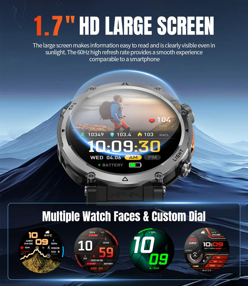 Military Smartwatch for Men with GPS, 850nAh, 1.7-Inch HD Outdoor Watch | 3ATM Waterproof, Answer/Make Call, with LED Flashlight / 100+ Sports Modes / Fitness Tracker, Compatible with Android & iOS Blue tape