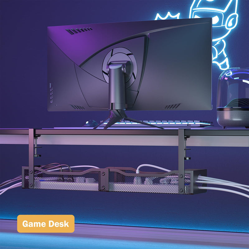 DELAMU 25'' Upgraded No Drilling Under Desk Cable Management Tray, Black | Under Desk Cable Management, Extra-Long, No Tools Required Installation, Height-adjustable, Home Office Gaming Accessories Glossy Black Extended