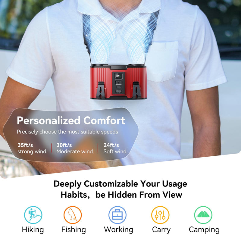 Doublepow 12000mAh Portable Waist Fan, Personal Waist Fan, Dual Air Ducts Motors, USB Rechargeable Clip On Belt for Working, 10 Speeds & 23H Wearable Neck Cooling, for Outdoor, Work, Travel (Red) Red