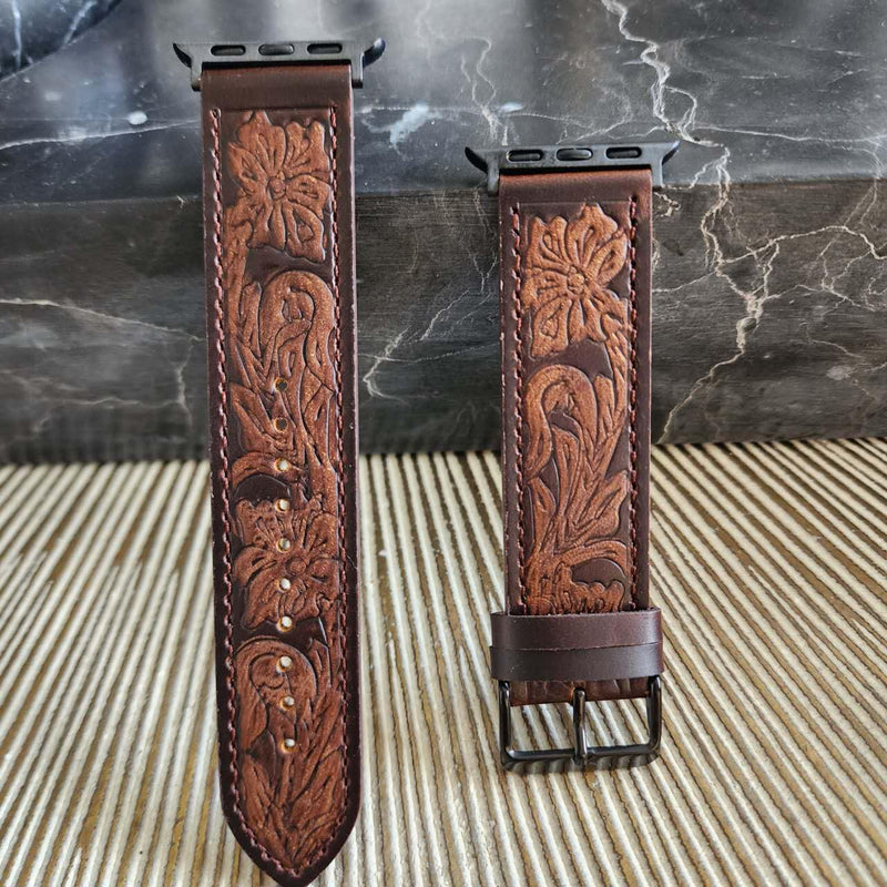 Tooled Leather Band Compatible with Apple Watch Ultra 3 2 1 & Series 11/10/9-3 SE, 3D Floral Western Strap for Men Women Antique Walnut / Black 44/45/46/49mm Ultra/42mm(S 1/2/3)