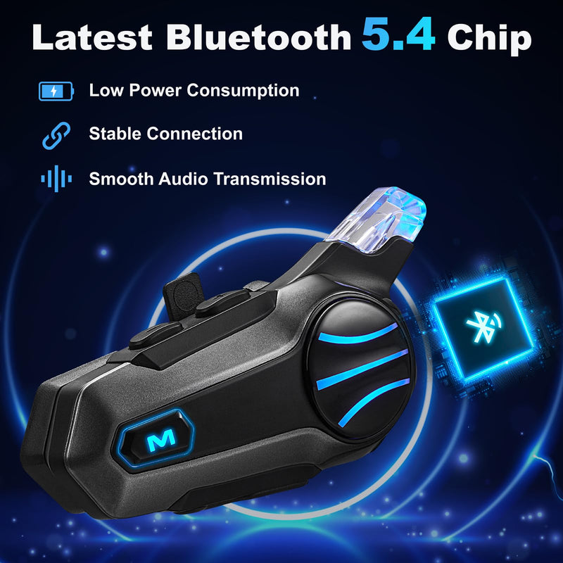 Motorcycle Helmet Bluetooth Headset - V5.4 Motorcycle Communication System | 2-Way Helmet Intercom, Helmet Speakers & Mics CVC/DSP Noise Cancellation, IP67 Waterproof, Hands-Free Call Music Black Body with Colorful Lighting