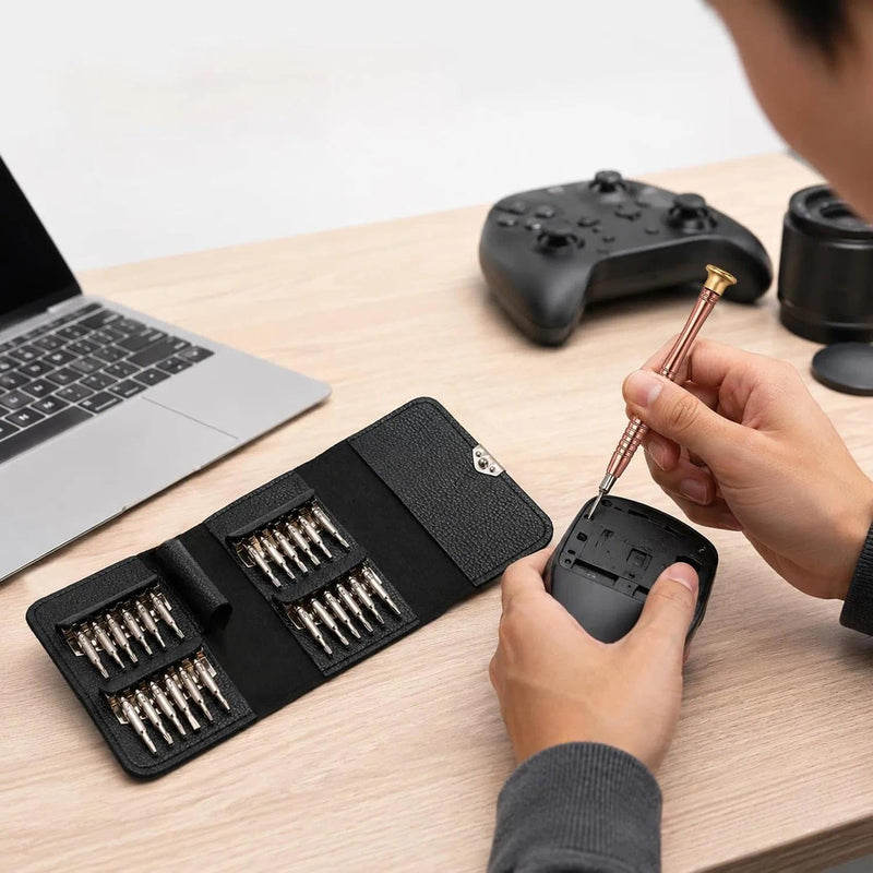 Black Mini Precision Screwdriver Set for Electronics Repair | Magnetic rotatable handle, non-slip grip, 4.2x2.5x0.6in pocket size, for smart devices & consoles.
