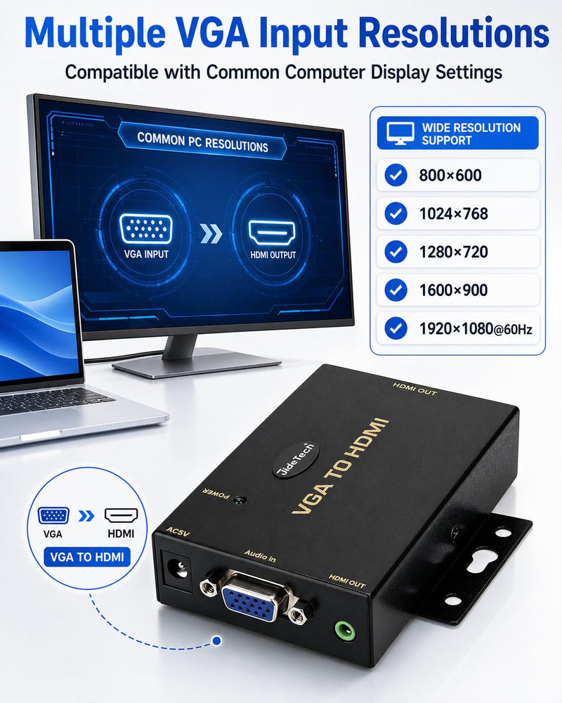 JideTech VGA to HDMI Converter with Audio, One-Way VGA Source to HDMI Display Adapter, 1080P Active Converter, DC 5V Powered, 3.5mm Audio Input, for HDTV, Monitor and Projector