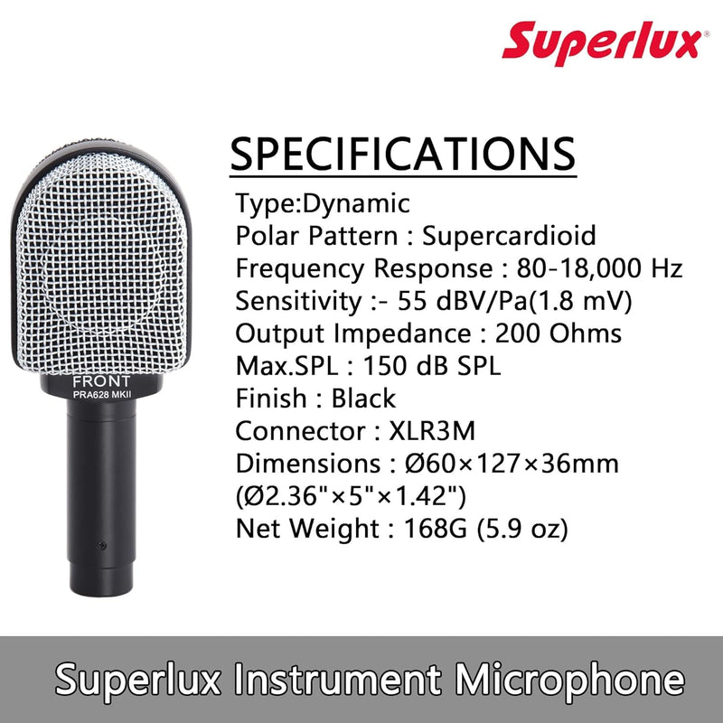 Superlux PRA628MKII Professional Dynamic Instrument Microphone, Wired Super-Cardioid Mic for Guitar/Bass Amps & Live Sound. Recording for Studio and Live Performance, Road-Ready with Clamp & Bag