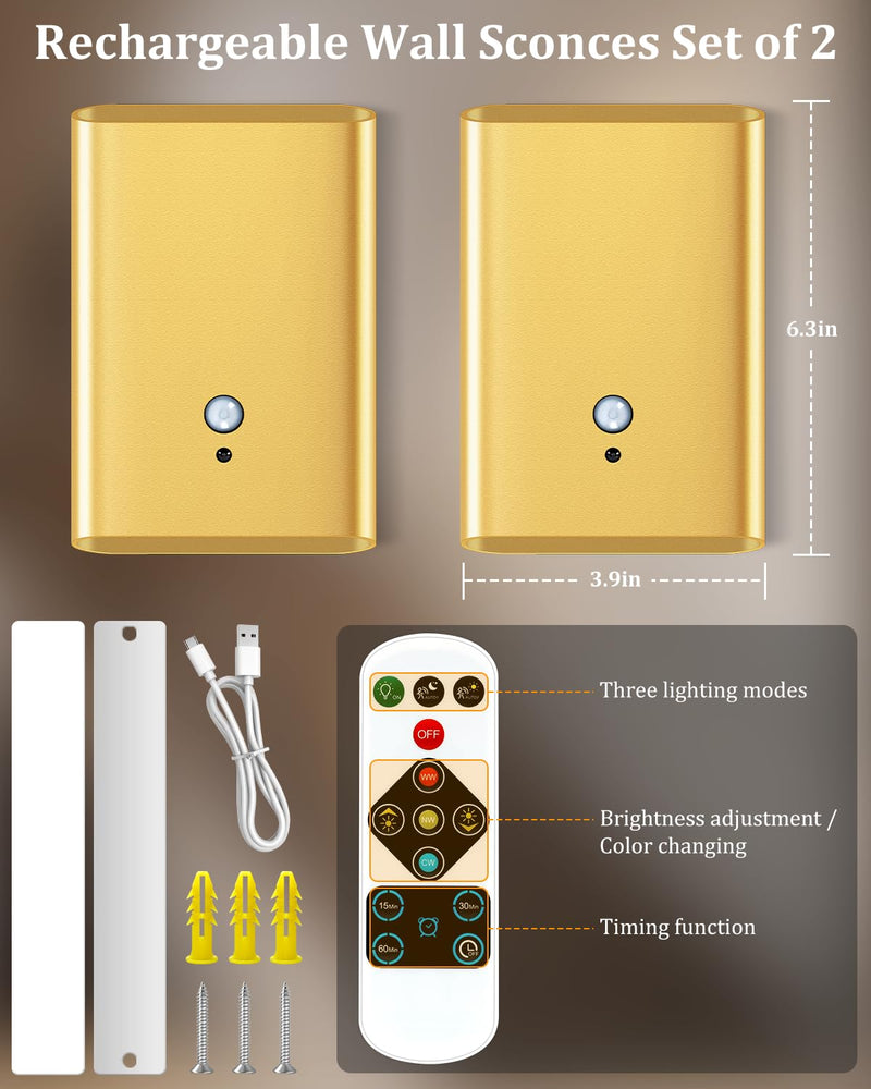 [AUSTRALIA] - Wireless Adhesive Motion Sensor Wall Light with Remote, 6000mAh Battery Operated 300LM 3CCT Dimmable & Timer - Cordless Wall Sconce for Stair Hallway Bedroom Closet Gold for Renters Elderly Pet Owners 2-Pack Gold Motion Sensor Wall Sconces 