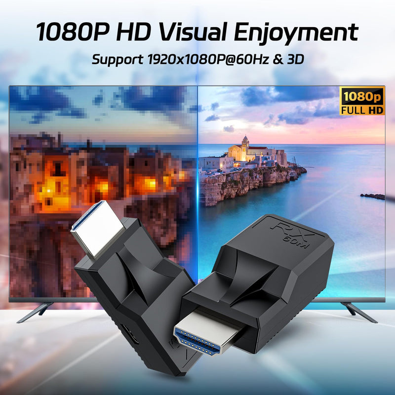 196FT HDMI Extender Over Single Ethernet Cat5e/6 Cable, Support Audio Video UHD 1080P@60Hz, HDMI Male to Male RJ45 Network LAN Extender 60M Converter Repeater, for HDTV, PC, PS3/4, Projector, Monitor 60M Extender Adapter