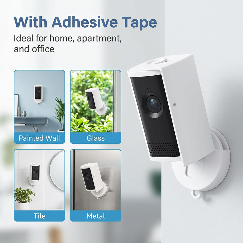 No Drill Camera Mount for Ring Indoor Cam Plus 2K and Ring Indoor Cam, 2 Pack No-Damage Adhesive Wall Mount with Optional Reinforcement Screws, Perfect for Apartments & Home Rentals, White