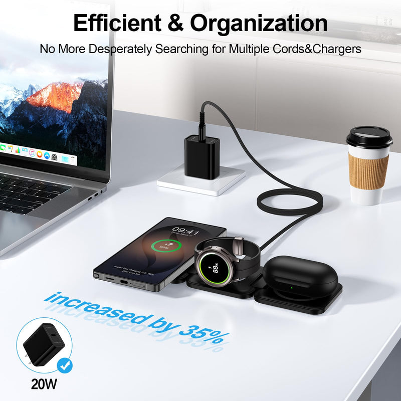 Wireless Charger for Samsung, 3 in 1 Charging Station Travel Charger | for Samsung Galaxy S26 Ultra/S25 FE/S24/S23, Protable Charger for Samsung Galaxy Watch 9/Ultra2/8 Classic/7/FE, Galaxy Buds 4 Black