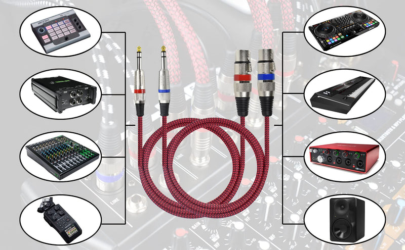 XLR Female to 1/4" TRS Cable Adapter Balanced, 15 Feet 6.35 mm Stereo Quarter Inch TRS to XLR Microphone Cable, Nylon Braided, OFC Shielded, Red Color, for Mic/Speaker/Mixer - 2Pack 15Feet, 2Pack