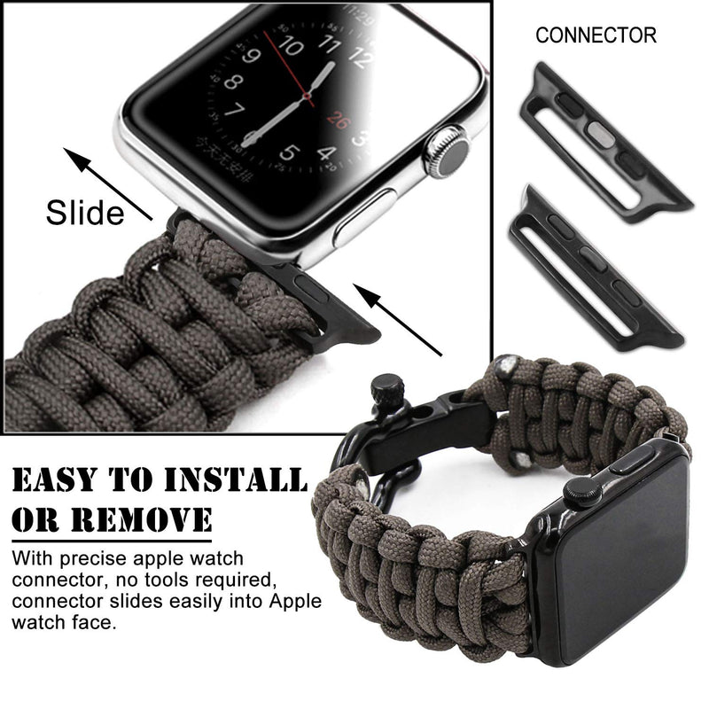 Savior Survival Gear Paracord Watch Band (2 Pack) Compatible with Apple Watch & iWatch Bands Series 42mm 44mm 45mm, 550 Paracord & Stainless Steel Shackle, Adjustable Straps, Gray & Black, Large