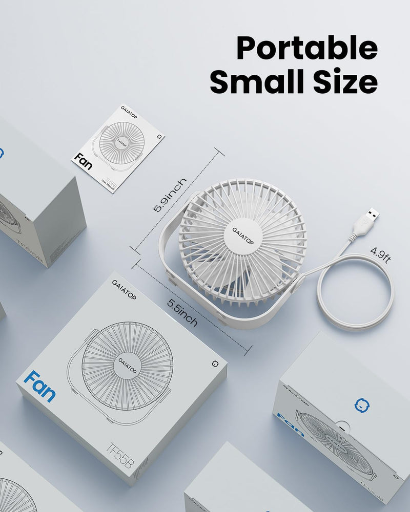 Gaiatop USB Desk Fan, 3 Speeds Portable Small Fan with Strong Airflow, 5.5 Inch Quiet Table Fan, 90° Rotate Personal Cooling Fan For Bedroom Home Office Desktop Travel (White) White