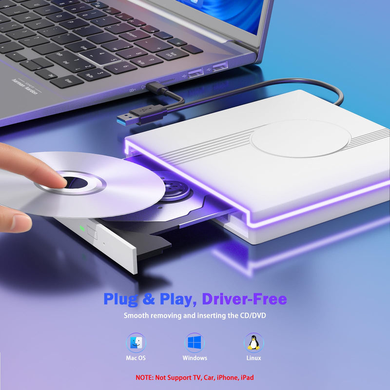 Wbacon External CD/DVD Drive for Laptop, RGB & USB 3.0 Type-C CD DVD Burner | External CD DVD Player +/-RW Optical Disc Drive, Slim CD ROM External Drive for Laptop Desktop PC Windows Mac (White) White
