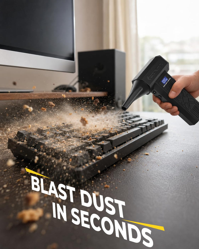 Electric Compressed Air Duster Rechargeable Air Blower for PC & Electronics | 2 in 1 duster and vacuum, 150000 RPM, 4 speeds, 6000mAh, LED display, built-in light, 6 nozzles, for Computer, Keyboard, Car