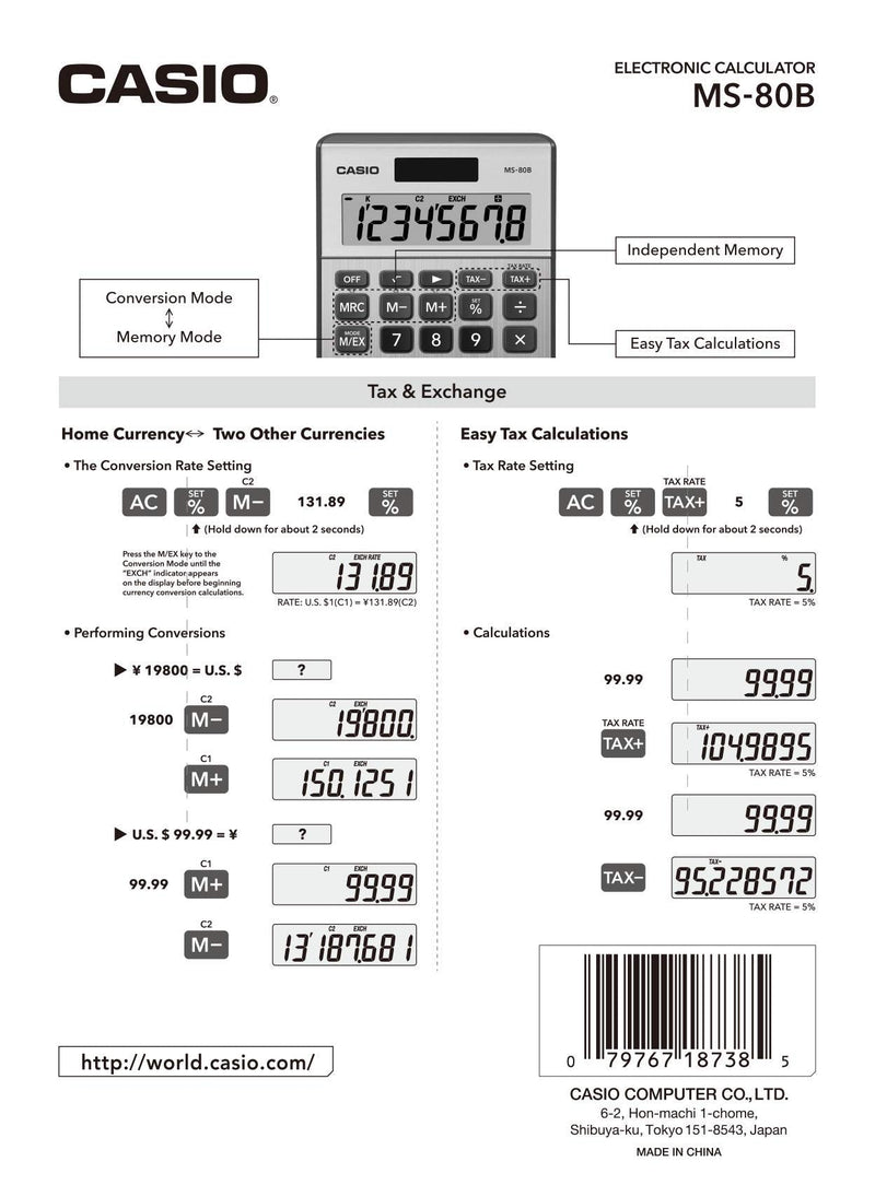 Casio MS-80B Standard Function Desktop Calculator Brush Nickel