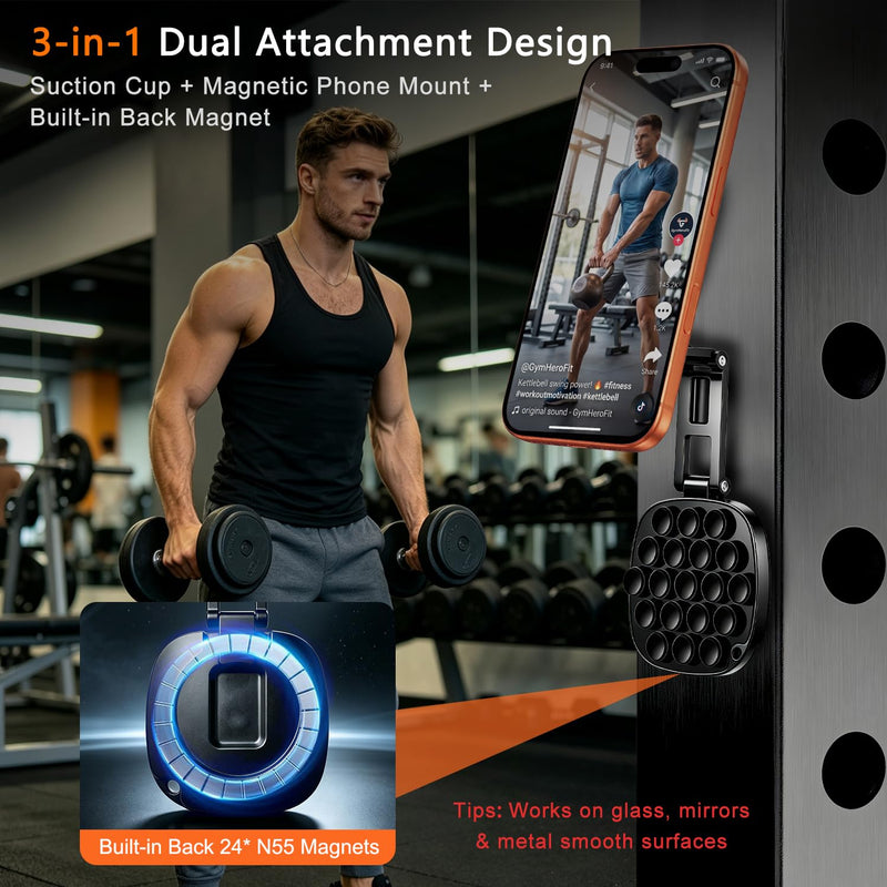 3-in-1 Magnetic Suction Cup Phone Mount, Tri-Axis 360° Adjustable | 12LBS Ultra-Strong Suction Phone Holder, Foldable Pocket-Size Stand for Gym Equipment, Shower Glass, Fridge, Car Windshield