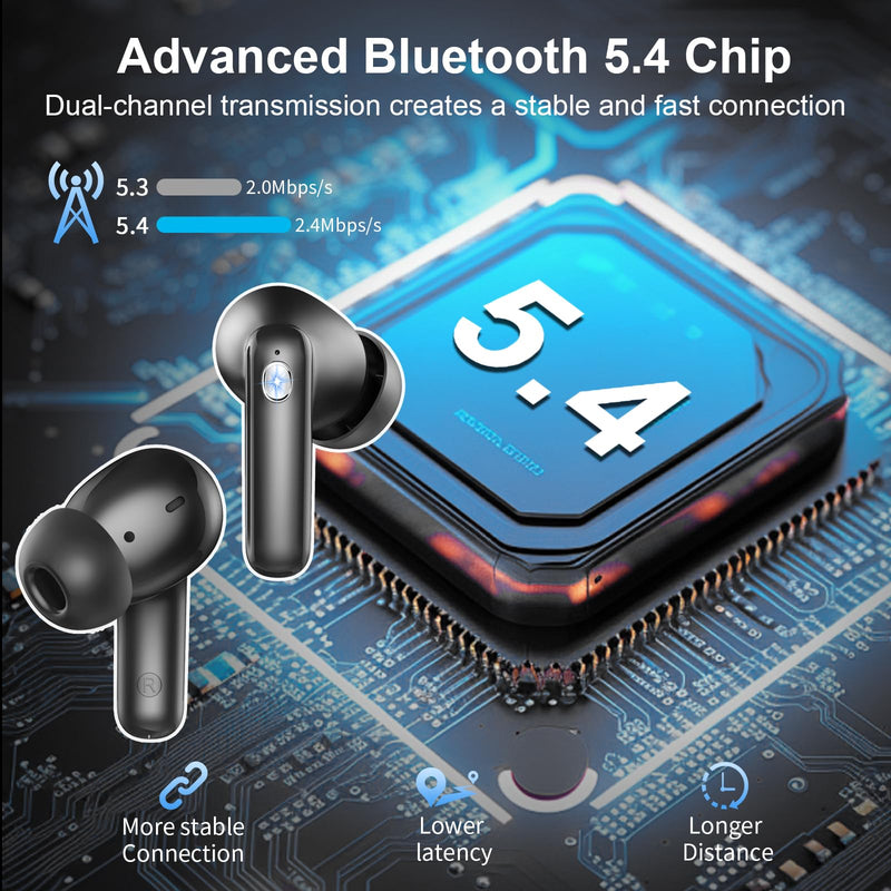 2026 Wireless Earbuds 5.4, Bluetooth Headphones HiFi Stereo, 50H Playtime | In-Ear Headphones with 4 ENC Noise Cancelling Mics, IP7 Waterproof Wireless Headphones, Earbuds for iOS/Android, LED Display Midnight Black