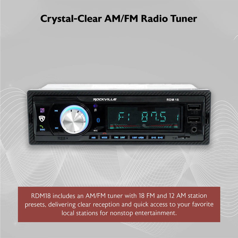 Rockville RDM18 V2 In-Dash Digital Media Car Receiver, 50W, 4 Channels, Bluetooth, AM/FM, MP3, USB/SD, Color Selectable, Remote, Perfect for Car Audio | Dual USB with Charging, 32GB SD, 50W x 4 Peak / 17W x 4 RMS, Front Aux, Single DIN, Remote, Color L...