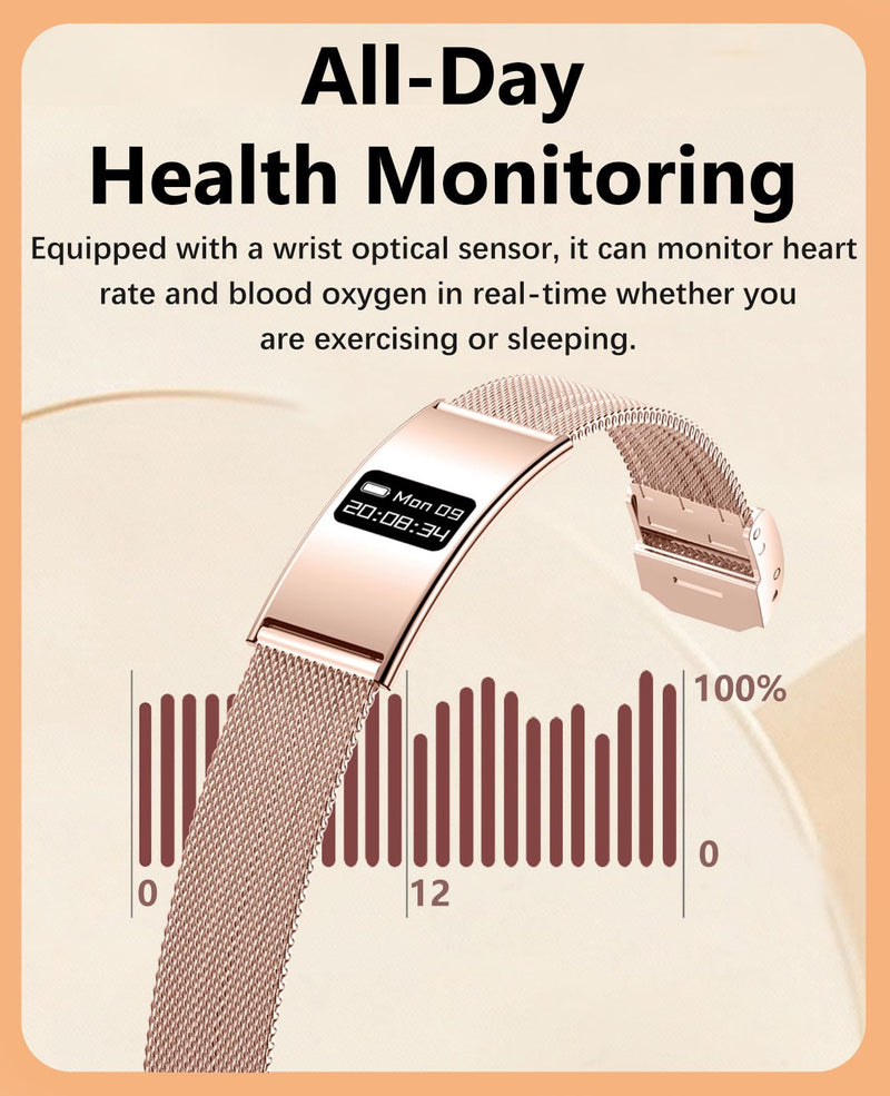 Ultrathin 5mm Smart Bracelet for Men Women Fitness Tracker with Heart Rate Blood Oxygen Sleep Monitor Multi Sport Modes Smart Watch Compatible with iOS Android (Rose Gold Mesh Belt B8) Rose Gold Mesh Belt B8