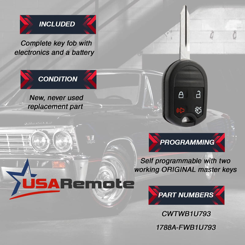 Car Key Fob Keyless Entry Remote fits Ford, Lincoln, Mercury, Mazda (CWTWB1U793 4-btn) - Guaranteed to Program
