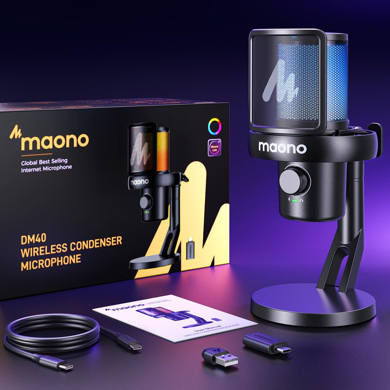 MAONO Wireless Microphone for PC,Gaming Streaming Condenser Mic with Software AI Voice Change,3-Level Noise Cancellation,Custom EQ,Gain Control USB Mic for Podcast Recording (DM40-Black) DM40 AI Mic DM40-Black