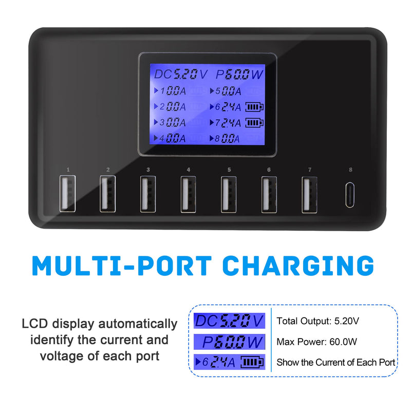 USB Charger, slitinto 60W 12A 8-Port USB Charging Station Multi Port USB Hub Charger Compact Size LCD Display Compatible with iPhone iPad Samsung Kindle Tablet Bluetooth Earbuds and More Black