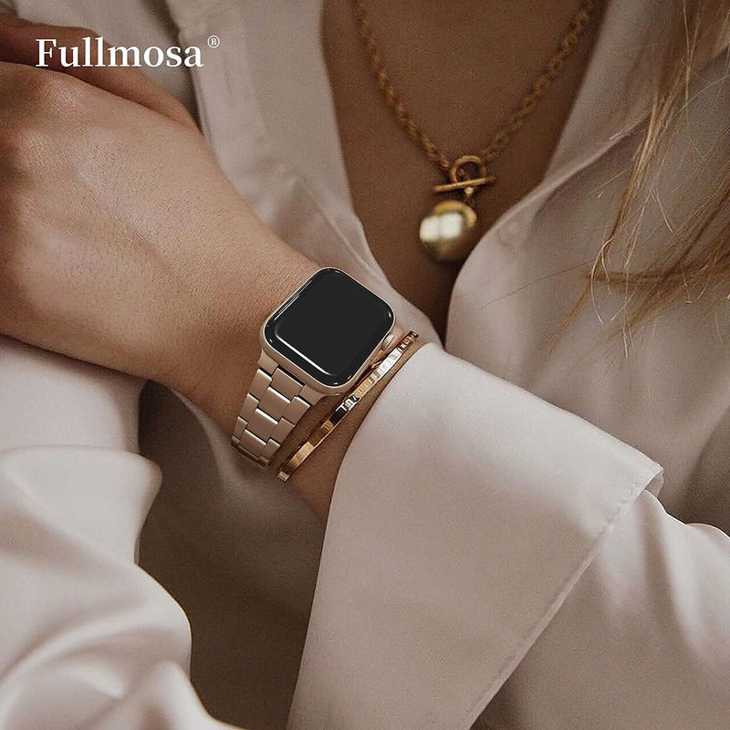 Fullmosa Compatible Apple Watch Band Leather Black 42mm 44mm 45mm with Rose Gold Buckle& Compatible Upgraded Version Stainless Steel iWatch Band/Strap with Case 42mm 44mm 45mm Rose Gold