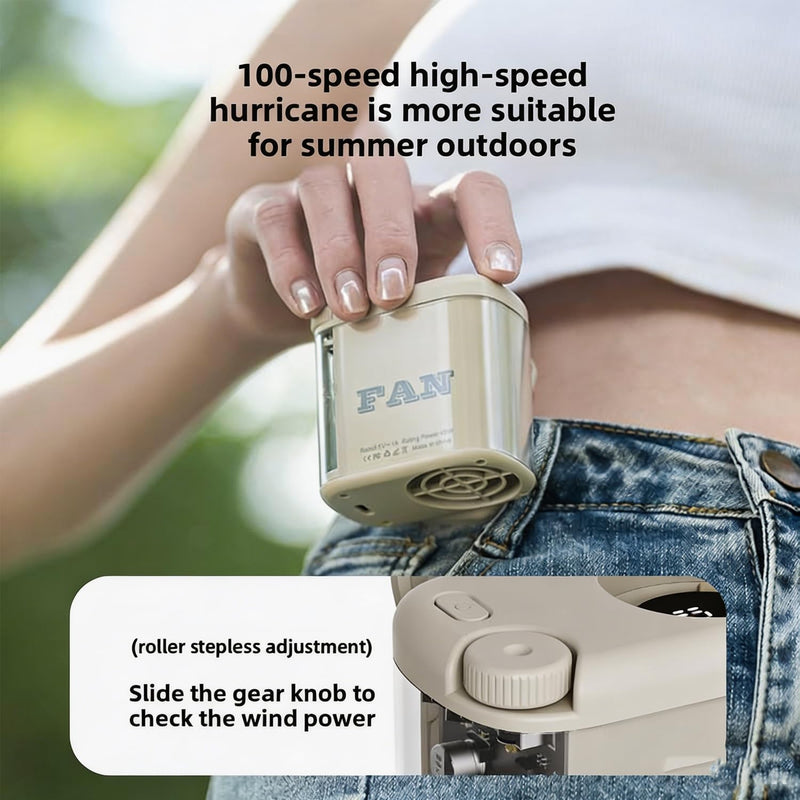 Portable Clip-on Waist Fan, 100-Speed Adjustment, LED Light, USB Rechargeable