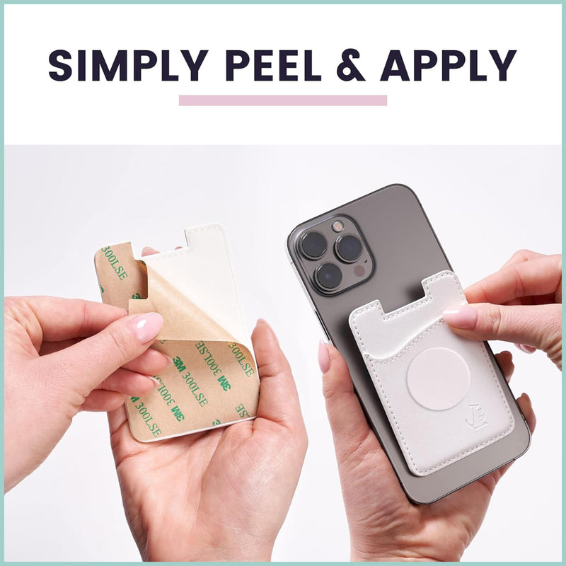 Wallaroo Wallets Premium Leather Phone Card Holder with Stand - Non-Slip Interior Strong Adhesive Grip - Phone Wallet Stick - Slim, Lightweight & Durable - Compatible with Most Phones White