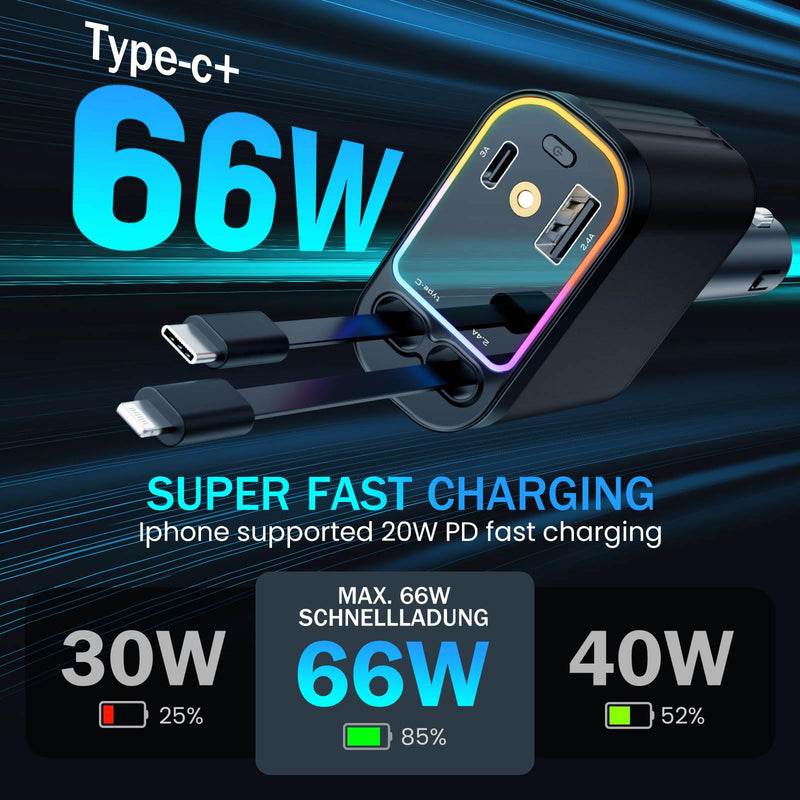 Car Charger with Starlight, 66W USB C Car Charger Adapter, 4 in 1 Retractable Car Charger with 2 USB Ports Car Phone Charger, Fast Car Charger for iPhone16/15/14/13/12/11 and for Android (Black) Black