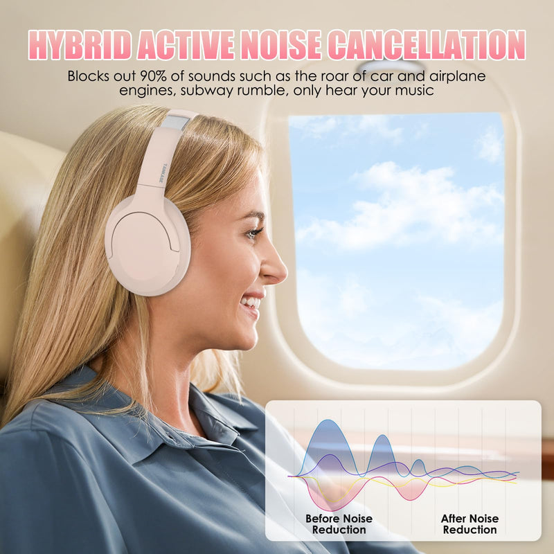 Active Noise Cancelling Headphones, Over-Ear Headphones Pink | Wireless Blutooth Headphones with100H Playtime, Built-in Microphone, Lightweight & Foldable, Deep Bass for Work/Gym/Travel