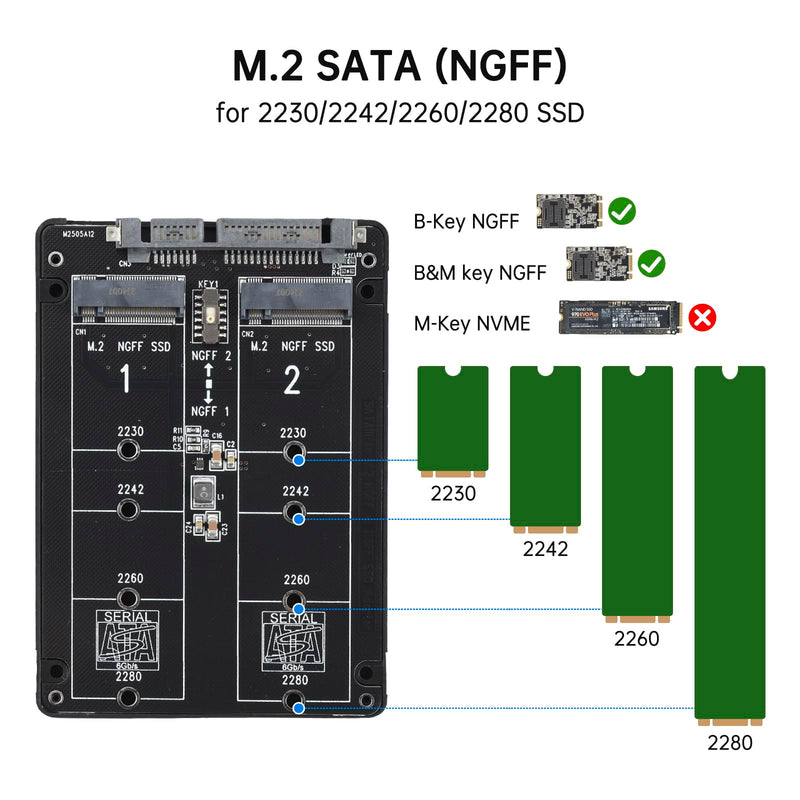 ELUTENG M.2 SATA NGFF to SATA Adapter (Not Support NVME/ M.2 PCIE) 6Gbps Dual NGFF MSATA Adapter B Key/ B&M Key SSD to 2.5" SATA III Converter Adapter Max 4TB Support 2230 2242 2260 2280 SSDs