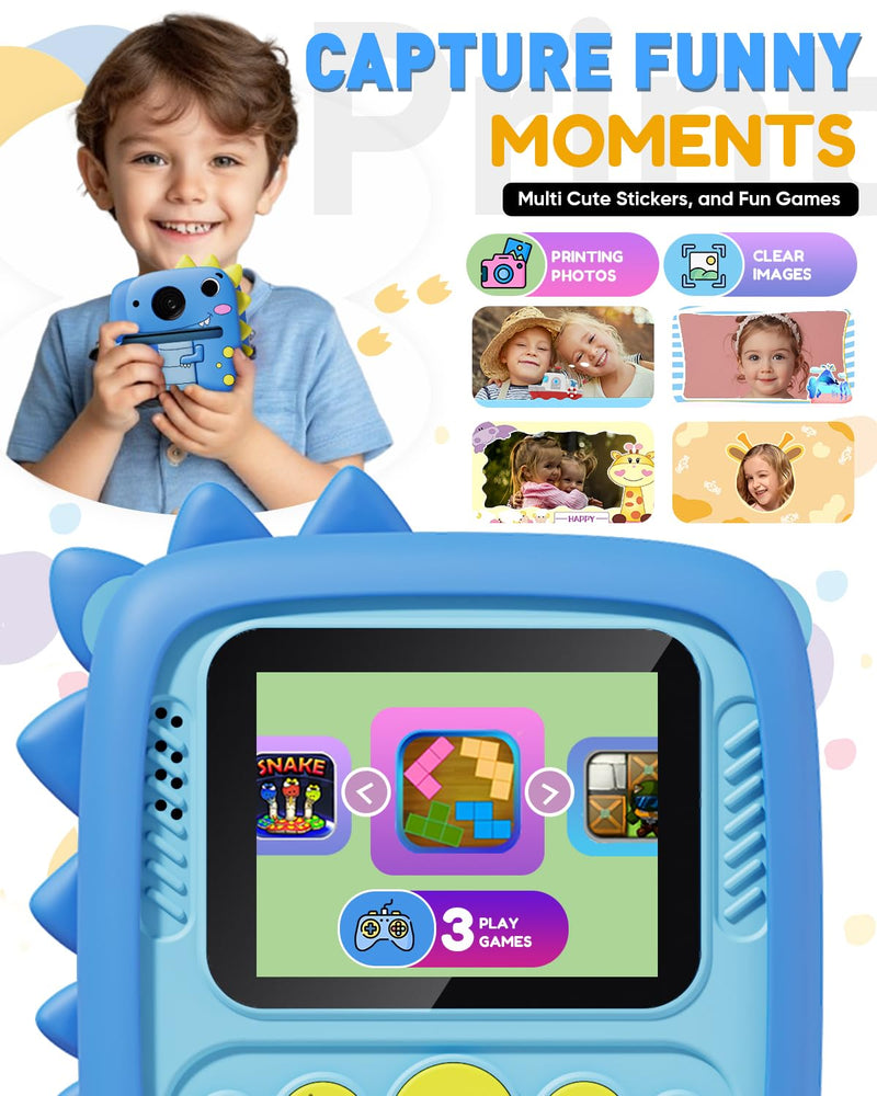 Kids Camera Instant Print, Christmas Birthday Gifts for Kids Age 3-8, 1080P Digital Camera with Silicone Cover, Toddler Portable Travel Toys for 3 4 5 6 7 8 Year Old Girls Boys-Blue Blue