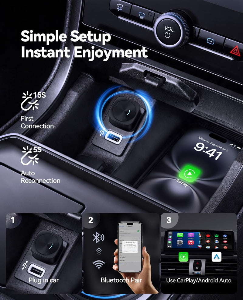 Wireless CarPlay & Android Auto Adapter, Convert Wired to Wireless | Fast Auto Reconnect, Plug & Play for Factory Wired CarPlay Vehicles, Compatible with Most Cars 2016+, Black