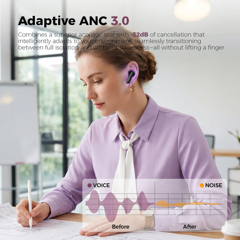 havit Space T1 Wireless Earbuds, Adaptive Hybrid Active Noise Cancelling Bluetooth Earbuds, 6-Mic AI ENC, Head-Tracked Spatial Audio, 40.5H Playtime, Semi-in-Ear Fit, Bluetooth 6.0, IP54, Black